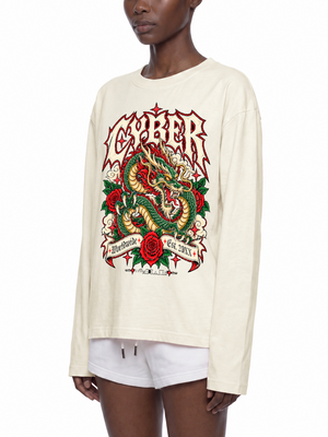 Y2K Dragon Long Sleeve Tee — Apricot — three-quarter front, original dragon artwork