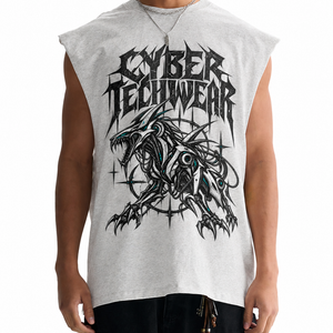 A model wears the heather grey tee, a mechanical dragon head printed under black lettering