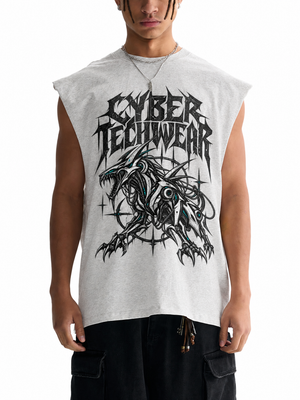 A model wears the heather grey tee, a mechanical dragon head printed under black lettering