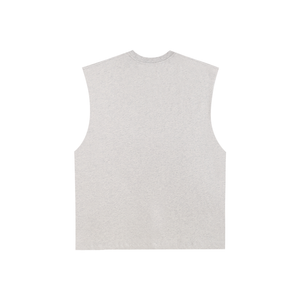 Back of the grey tee laid flat, plain, showing the marled knit and the wide cut armholes