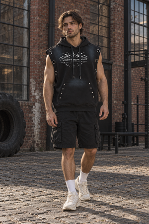Black Graphic Hooded Muscle Shirt Y2K, front with original CYBER TECHWEAR NEXUS DIVISION graphic