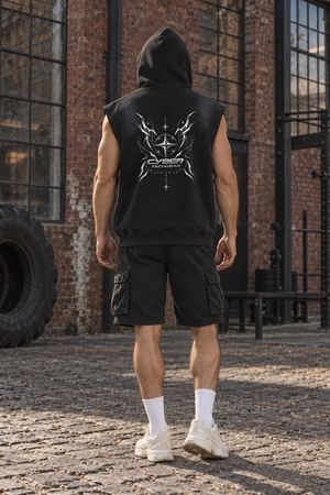 Black Graphic Hooded Muscle Shirt Y2K, matching model back with hood up and original winged star SYSTEM 02 graphic
