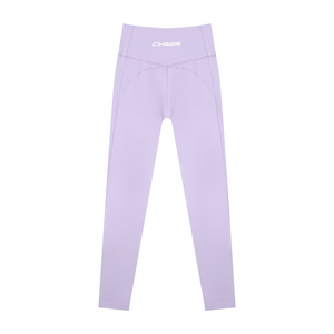 Back of the purple leggings laid flat, the CYBER wordmark and the V contour seam below it