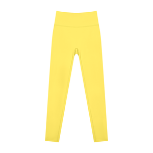 Lemon yellow colourway laid flat, front view, high waistband and legs tapering to the ankle