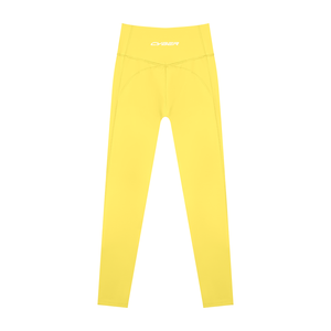 Back of the lemon yellow leggings laid flat, the small CYBER wordmark on the waistband