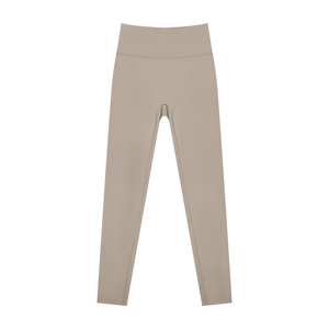 Khaki colourway laid flat from the front, a soft taupe knit under the high waistband