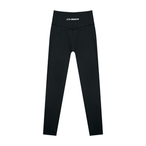 Back of the black yoga leggings laid flat, the CYBER wordmark on the high waistband