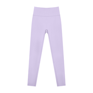 Purple colourway laid flat from the front, a wide waistband over the smooth thin knit