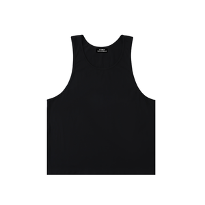 Black tank laid flat from the front, a scoop neck with a small CYBER TECHWEAR print inside the collar