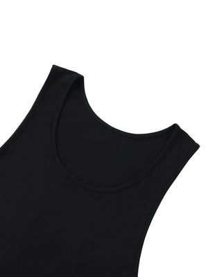 Close-up of the scoop neckline, finished with a narrow folded binding in the same black cotton