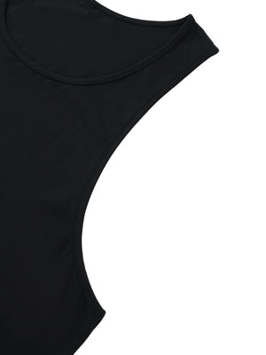 Close-up of the armhole edge, turned and stitched flat along its long curve down the side