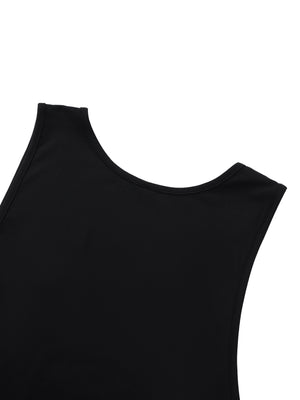 The upper back of the black tank, the binding running round the neck and into the armholes