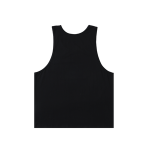 The black muscle shirt laid flat from the back, plain, with the armholes cut deep down each side