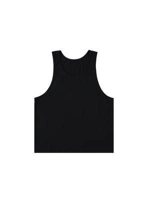 Front of the black tank shown small, flat, the wide scoop neck and the long body in thin cotton