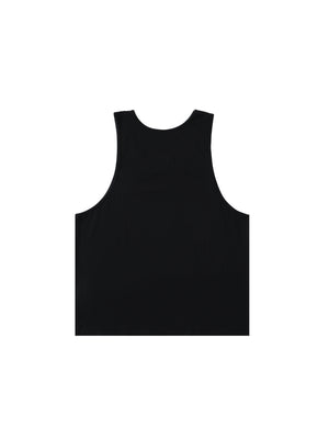 Back of the black tank shown small, flat, the neckline set higher at the back than at the front