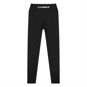 Back of the black leggings laid flat, the scrunch seam gathered down the seat under the CYBER waistband