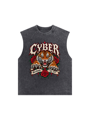 Tiger Y2K Tank Top, washed black, front with original Cyber tiger and roses print