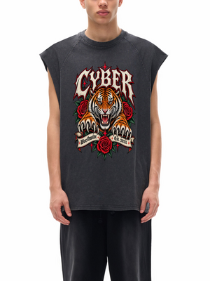 Tiger Y2K Tank Top, washed black, front with original Cyber tiger and roses print