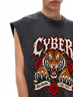 Tiger Y2K Tank Top, washed black, front detail with original tiger print aligned with torso