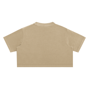 Back of the khaki washed crop top laid flat, plain faded back, round neck and short sleeves