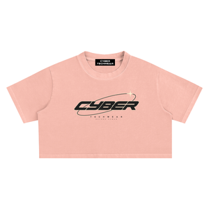 Shrimp skin powder pink washed Y2K crop top laid flat from the front, black CYBER print with an orbit ring