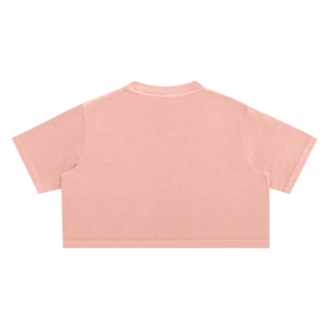 Back of the shrimp skin powder pink crop top laid flat, plain faded back with short sleeves and a round neck