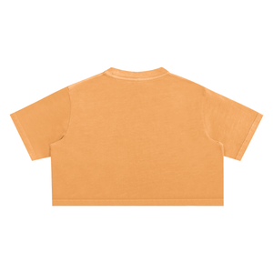Back of the orange colourway laid flat, plain faded back with short sleeves and a cropped hem