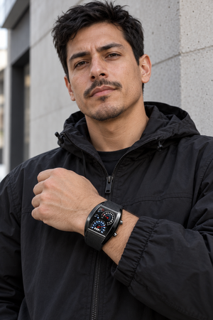 LED Speedometer Techwear Watch – Black – front view on model