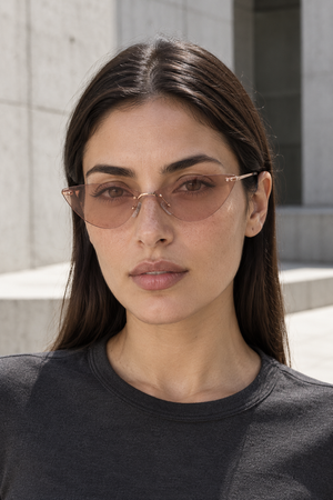 Rimless Cat Eye Cyberpunk Glasses – Brown – front view on model