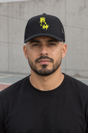 Kanji Mesh Trucker Hat – Black – front view on model