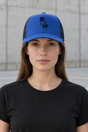 Kanji Mesh Trucker Hat – Blue – front view on model