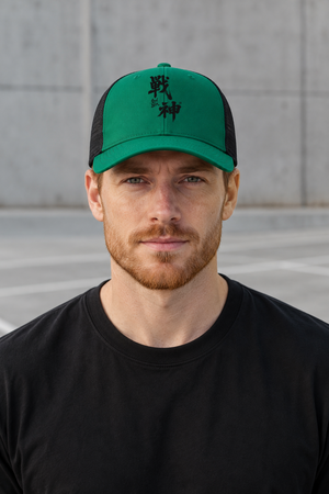 Kanji Mesh Trucker Hat – Green – front view on model