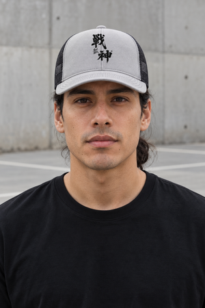 Kanji Mesh Trucker Hat – Grey – front view on model