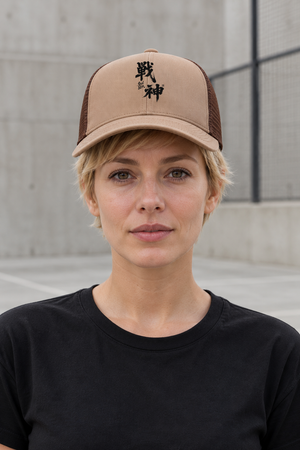 Kanji Mesh Trucker Hat – Khaki – front view on model