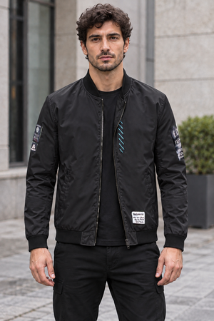 Reversible Patch Bomber Jacket – Black – Bomber – front view on model