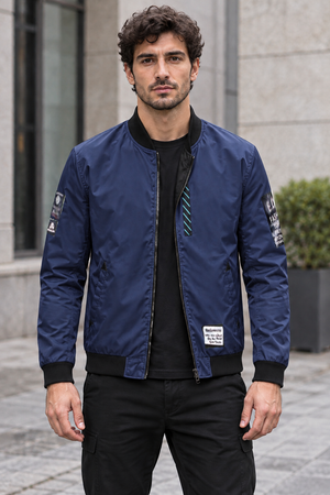 Reversible Patch Bomber Jacket – Navy Blue – Bomber – front view on model