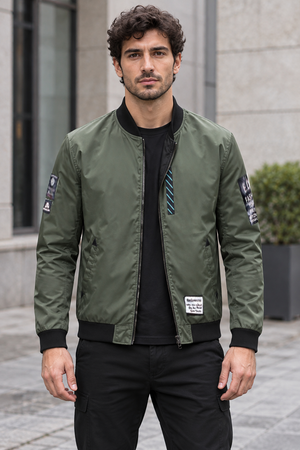 Reversible Patch Bomber Jacket – Olive Green – Bomber – front view on model