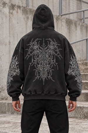 Dark Angel Y2K Hoodie – Black Back Emblem – back view on model