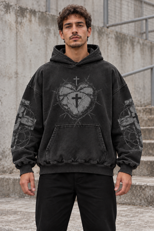 Dark Angel Y2K Hoodie – Black Gray Heart Cross – front view on model