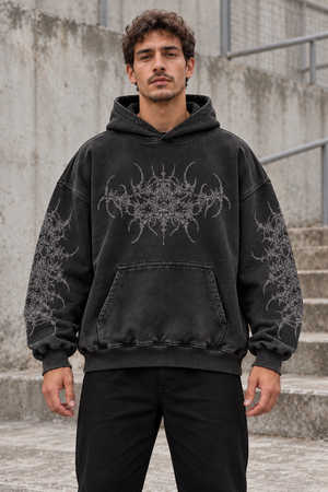 Dark Angel Y2K Hoodie – Black Gray Thorn Emblem – front view on model