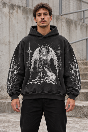 Dark Angel Y2K Hoodie – Black Kneeling Angel – front view on model