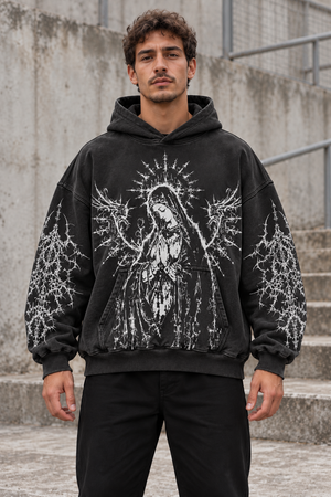 Dark Angel Y2K Hoodie – Black Praying Figure – front view on model