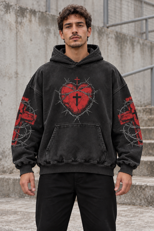 Dark Angel Y2K Hoodie – Black Red Heart Cross – front view on model