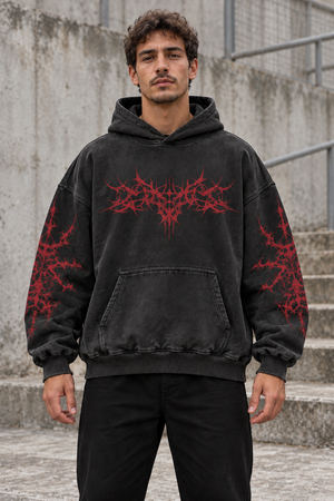 Dark Angel Y2K Hoodie – Black Red Tribal – front view on model