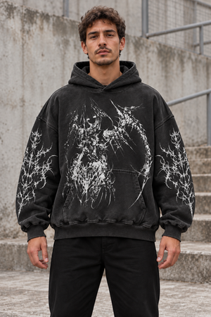 Dark Angel Y2K Hoodie – Black Scythe Print – front view on model