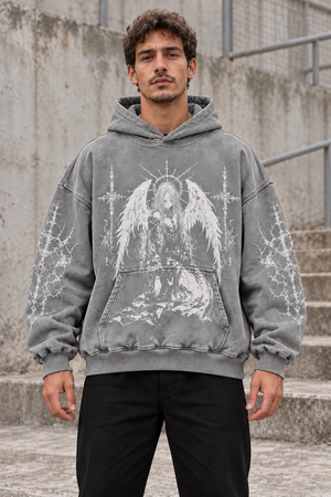 Dark Angel Y2K Hoodie – Gray Kneeling Angel – front view on model
