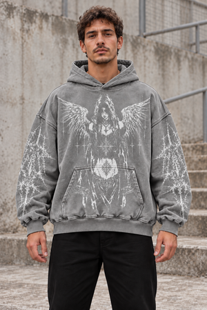 Dark Angel Y2K Hoodie – Gray Winged Angel – front view on model