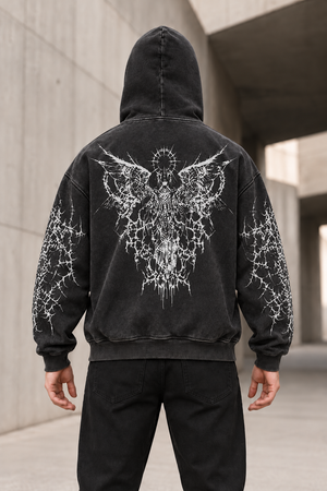 Thorn Wings Y2K Hoodie – Black – back view on model