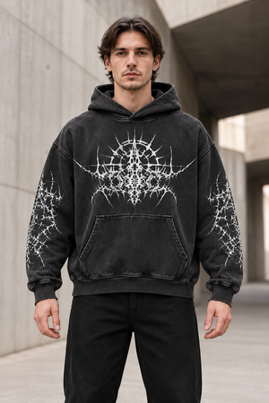 Thorn Wings Y2K Hoodie – Black – front view on model