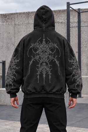Tribal Emblem Y2K Hoodie – Black – back view on model
